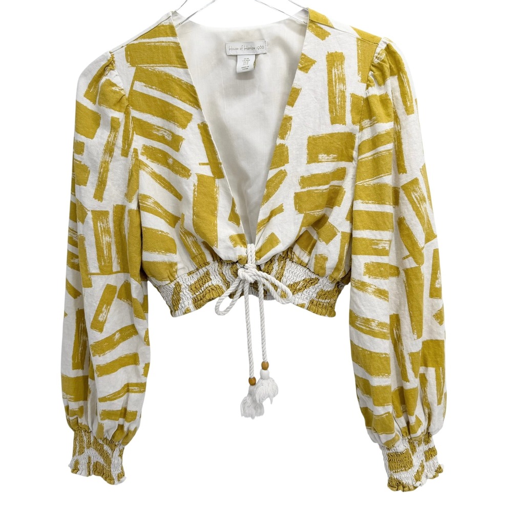 House of Harlow 1960 Linen Blend Crop Top Size M Yellow White Brushstroke Print